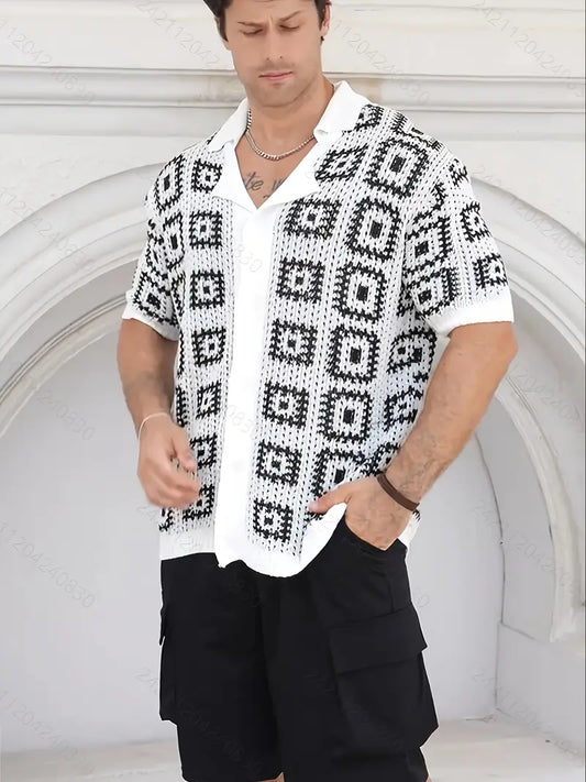Strickjacke für Herren – Schwarz-weißes Karomuster, leichter Button-Down-Pullover für halbformelle und legere Kleidung.