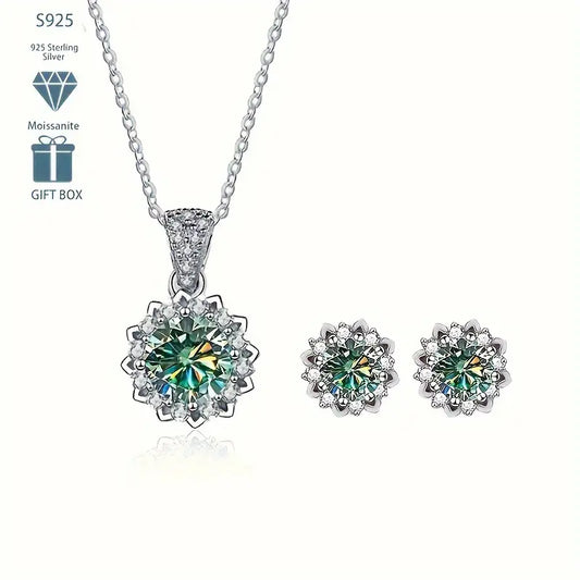 4g S925 Silber Eingefasst Moissanit Halskette Ohrringe Set 1CT Damen Klassische Blumenhalskette Paar Modischer Florale Stecker Valentinstagsgeschenk