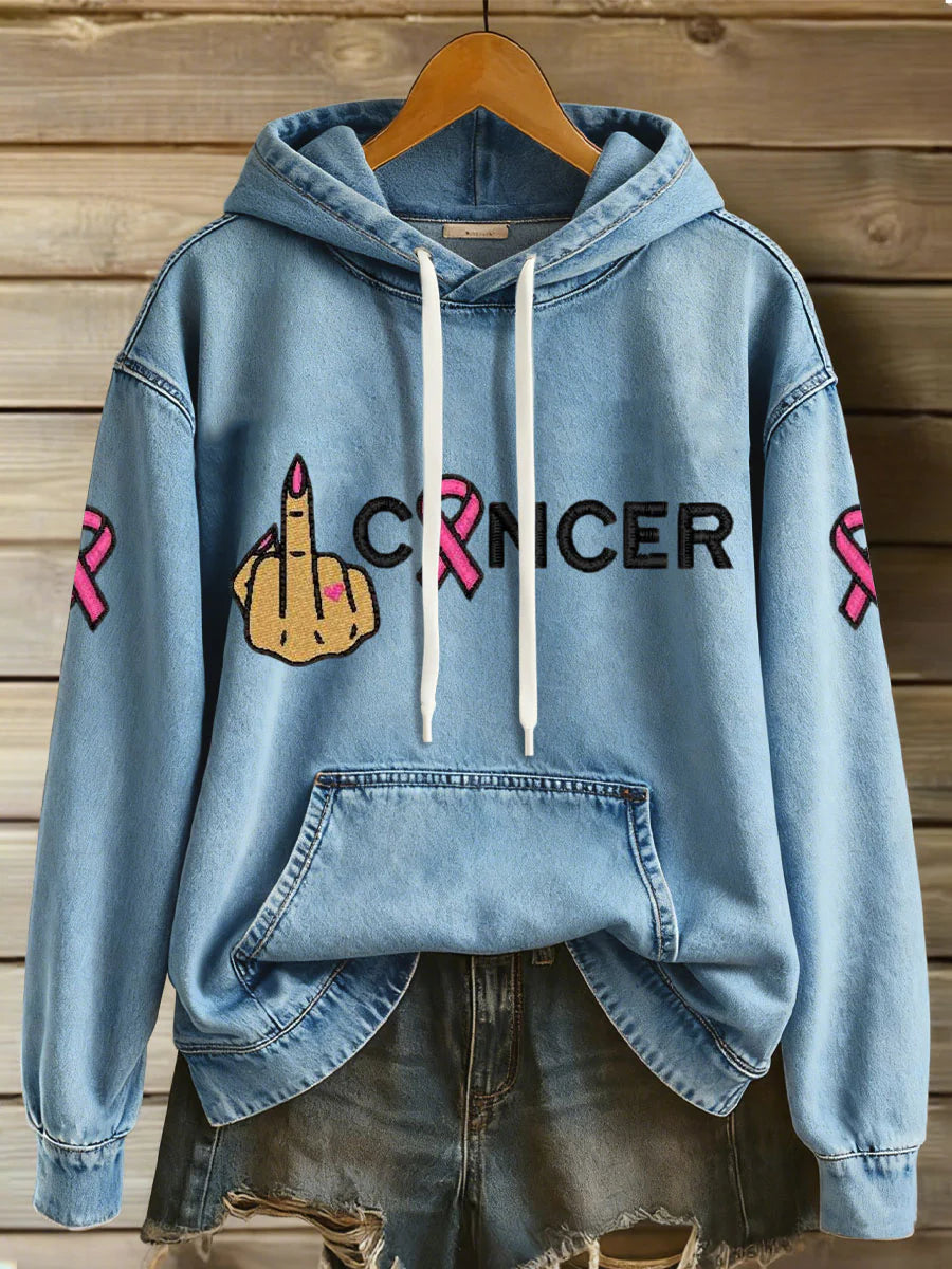 Denim-Hoodie F*CK CANCER – Mut & Stärke Edition