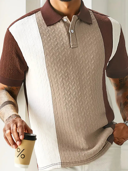 Herren-Sommerhemd – Kurzarm mit geometrischem Muster, kontrastierendes Farbblockdesign.