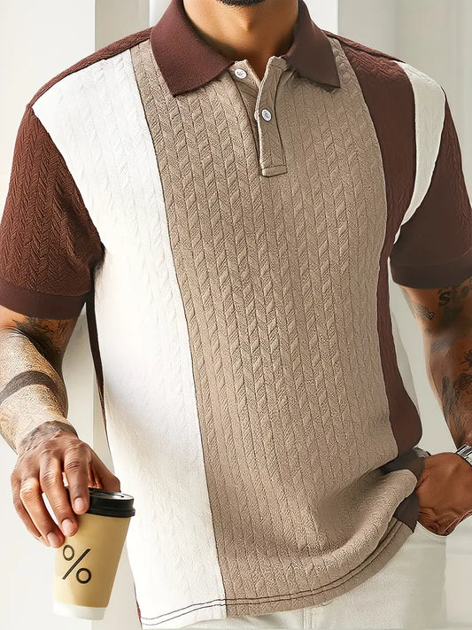 Herren-Sommerhemd – Kurzarm mit geometrischem Muster, kontrastierendes Farbblockdesign.