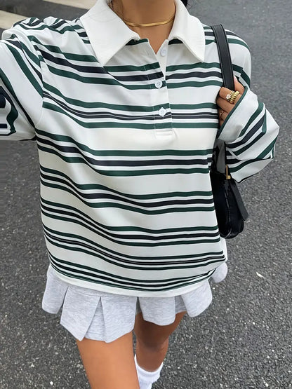 Damens Casual Langarm-T-Shirt mit grünem Streifenmuster und Kragen