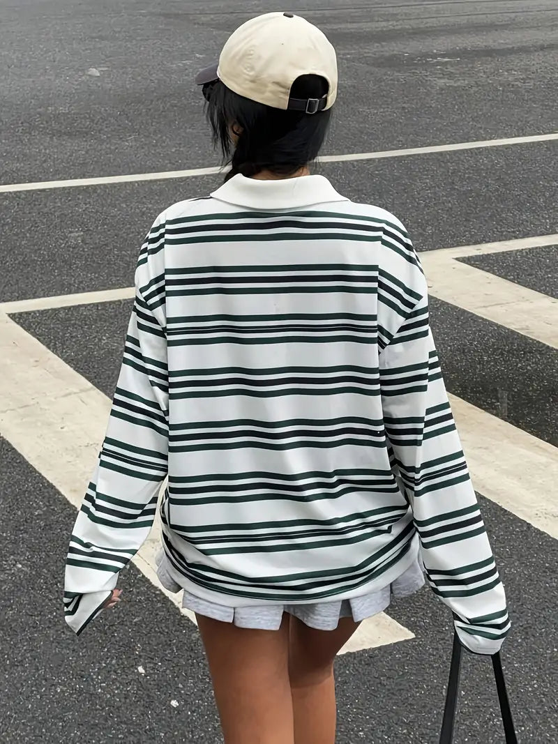 Damens Casual Langarm-T-Shirt mit grünem Streifenmuster und Kragen