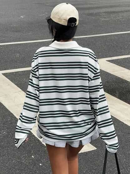 Damens Casual Langarm-T-Shirt mit grünem Streifenmuster und Kragen