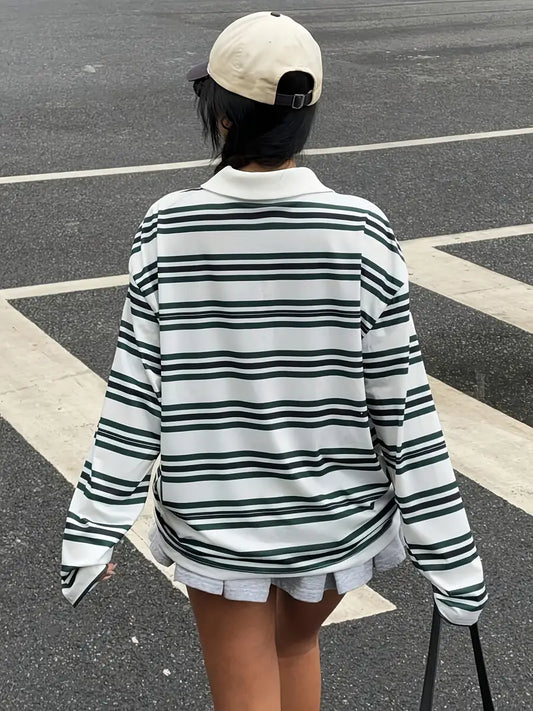 Damens Casual Langarm-T-Shirt mit grünem Streifenmuster und Kragen