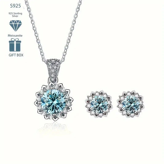 4g S925 Silber Eingefasst Moissanit Halskette Ohrringe Set 1CT Damen Klassische Blumenhalskette Paar Modischer Florale Stecker Valentinstagsgeschenk