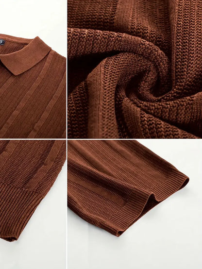 Herren-Strickhemd, kurzärmelig, gestreifter Druck, lässiger Kragen, Sommermode.
