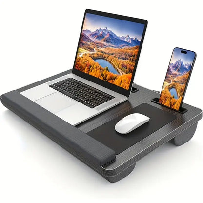 Multifunktionale Laptop-Unterlage – Tragbare, faltbare Holzplatte mit Handgelenkstütze, Mauspad, Tablet- & Handyhalter sowie Tragegriff. Ideal für Homeoffice, Studium & Reisen. Mit integriertem Organizer für Zubehör.