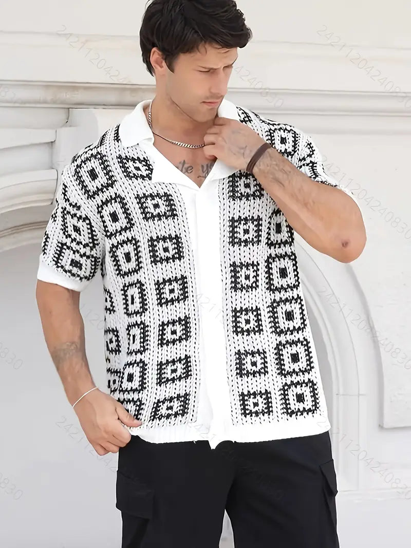 Strickjacke für Herren – Schwarz-weißes Karomuster, leichter Button-Down-Pullover für halbformelle und legere Kleidung.