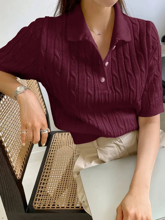 Eleganter Damen-Pullover mit kurzen Ärmeln - einfarbig, mit Knöpfen versehen, Rundhalsausschnitt, leicht und atmungsaktiv für Frühling/Sommer, Frühling Sommer Top | Knopfleiste vorne | Konstruktion, Pulloverkleid