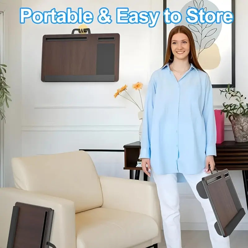 Multifunktionale Laptop-Unterlage – Tragbare, faltbare Holzplatte mit Handgelenkstütze, Mauspad, Tablet- & Handyhalter sowie Tragegriff. Ideal für Homeoffice, Studium & Reisen. Mit integriertem Organizer für Zubehör.