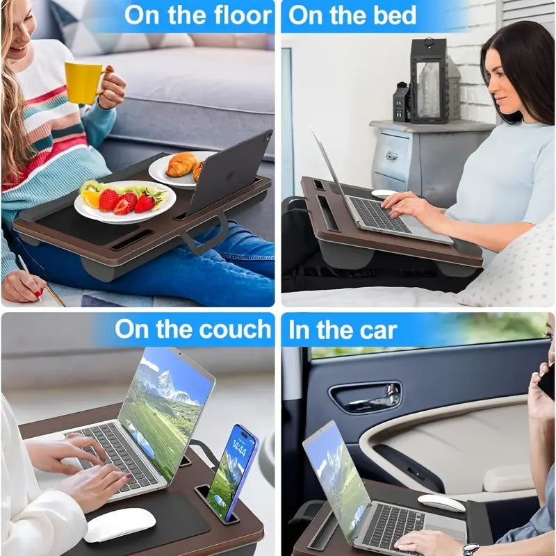 Multifunktionale Laptop-Unterlage – Tragbare, faltbare Holzplatte mit Handgelenkstütze, Mauspad, Tablet- & Handyhalter sowie Tragegriff. Ideal für Homeoffice, Studium & Reisen. Mit integriertem Organizer für Zubehör.